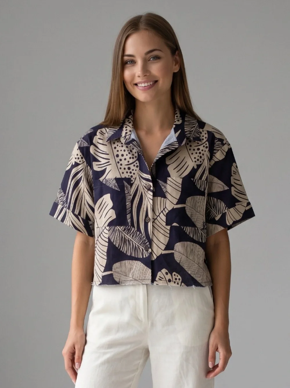 NEW w/tag Shore Brand Tropical Nautical Linen Resort Button Up Blouse Top Small